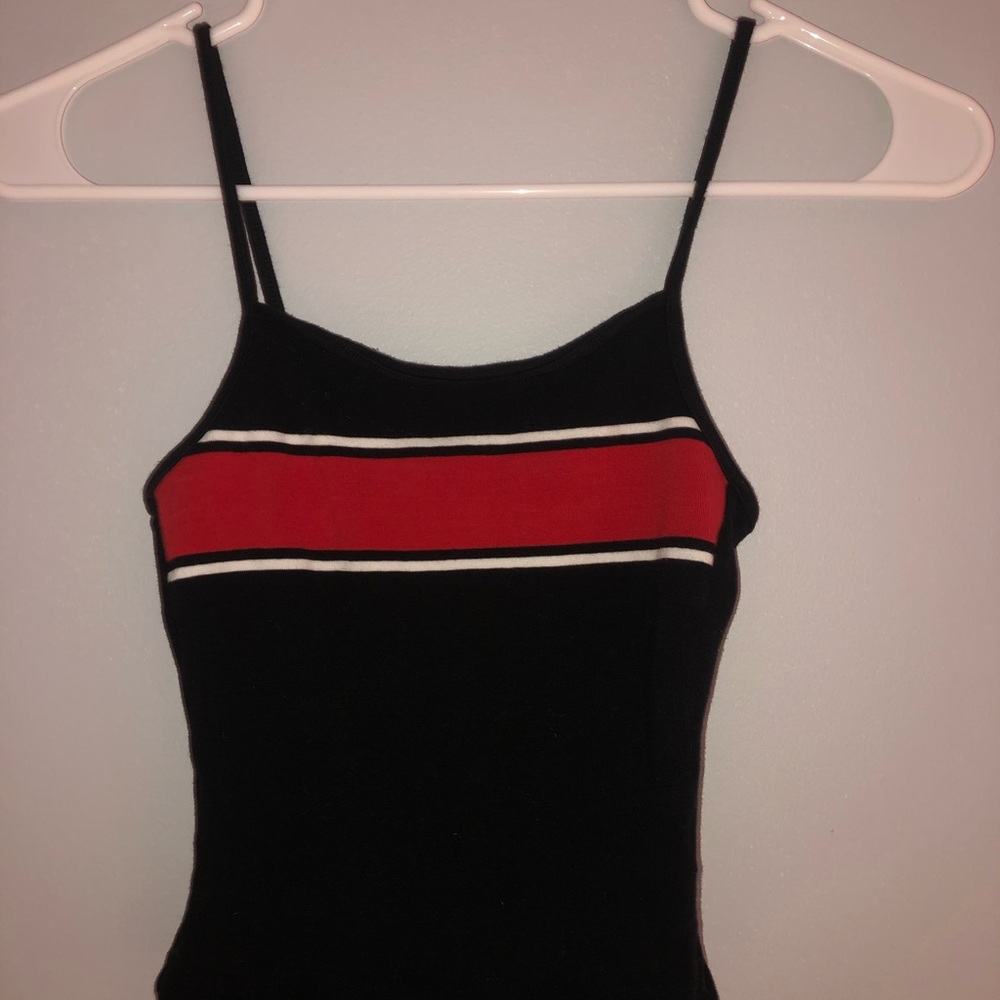 black spaghetti strap top with red and white lines